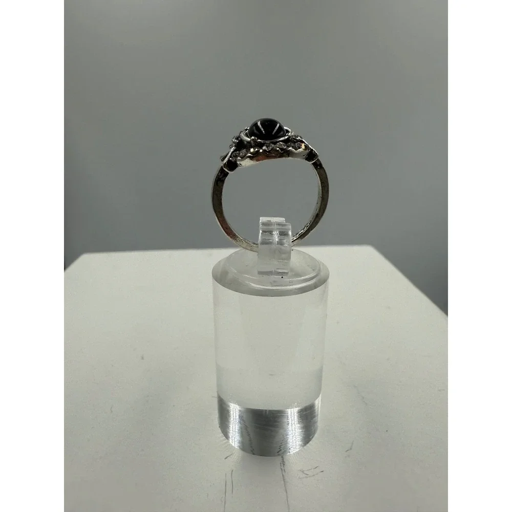 Vintage Style Black Cabochon Rhinestone Halo Silver Tone Statement Ring Sz 6.25